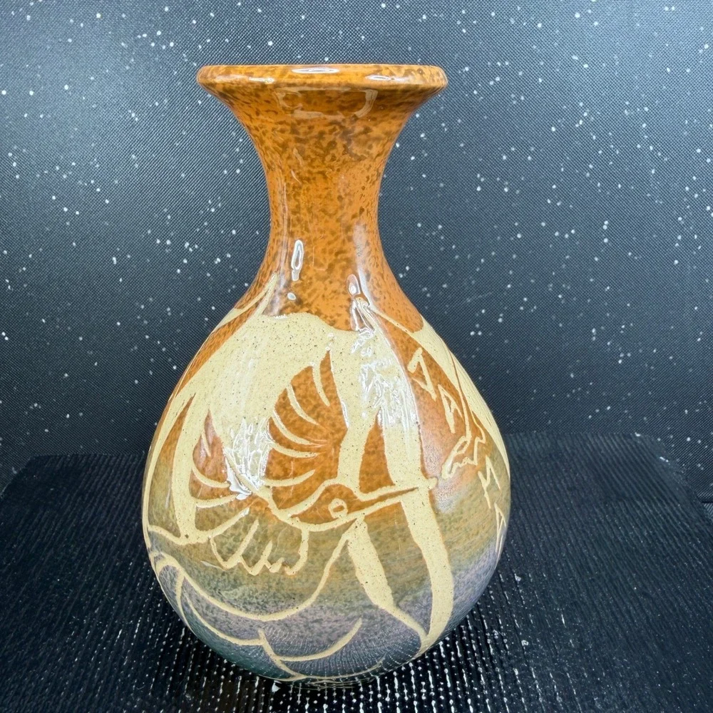 Frazer Signed Sgraffito Hummingbird Art Pottery Vase Ochre Green Purple 6 Inch